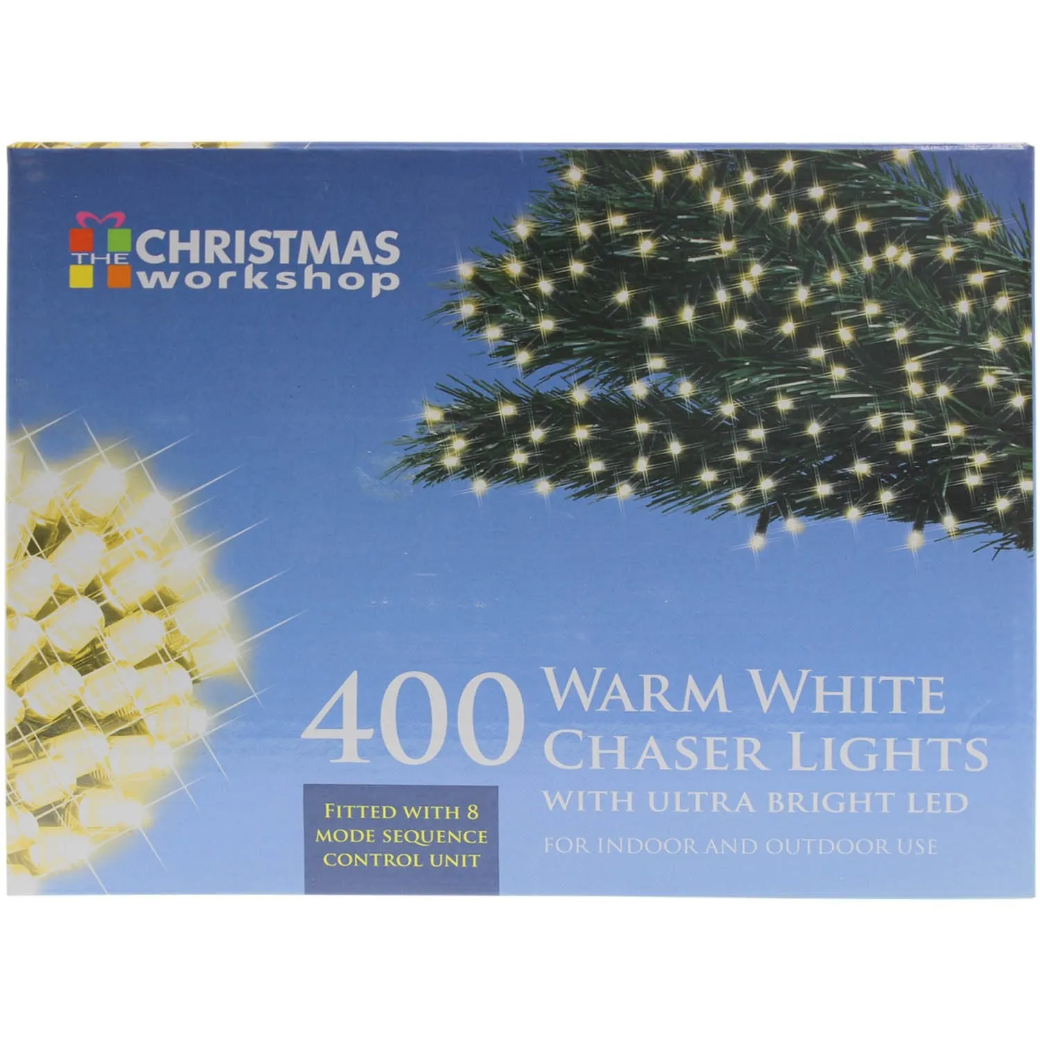 The Christmas Workshop 76180 400 Warm White LED Chaser Christmas Lights / Indoor or Outdoor Fairy Lights / 27.9 Metres / 8 Light Modes / Great For Christmas, Weddings & Gardens