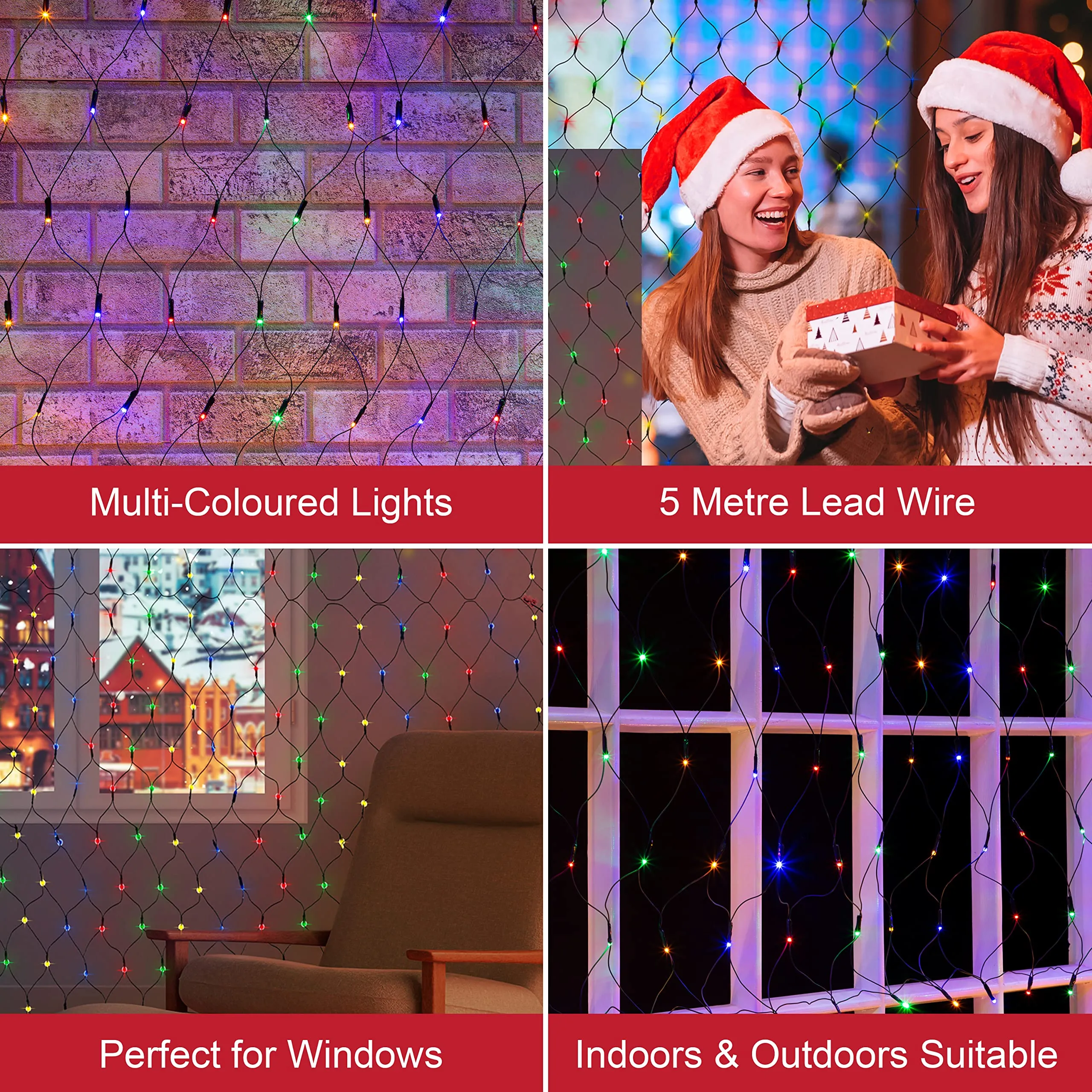 The Christmas Workshop 77820 180 LED Multi-Coloured Christmas Net Lights / Curtain Style Window Lights / 8 Different Modes / Mains Powered / Indoor and Outdoor / 1.8 x 1.2m