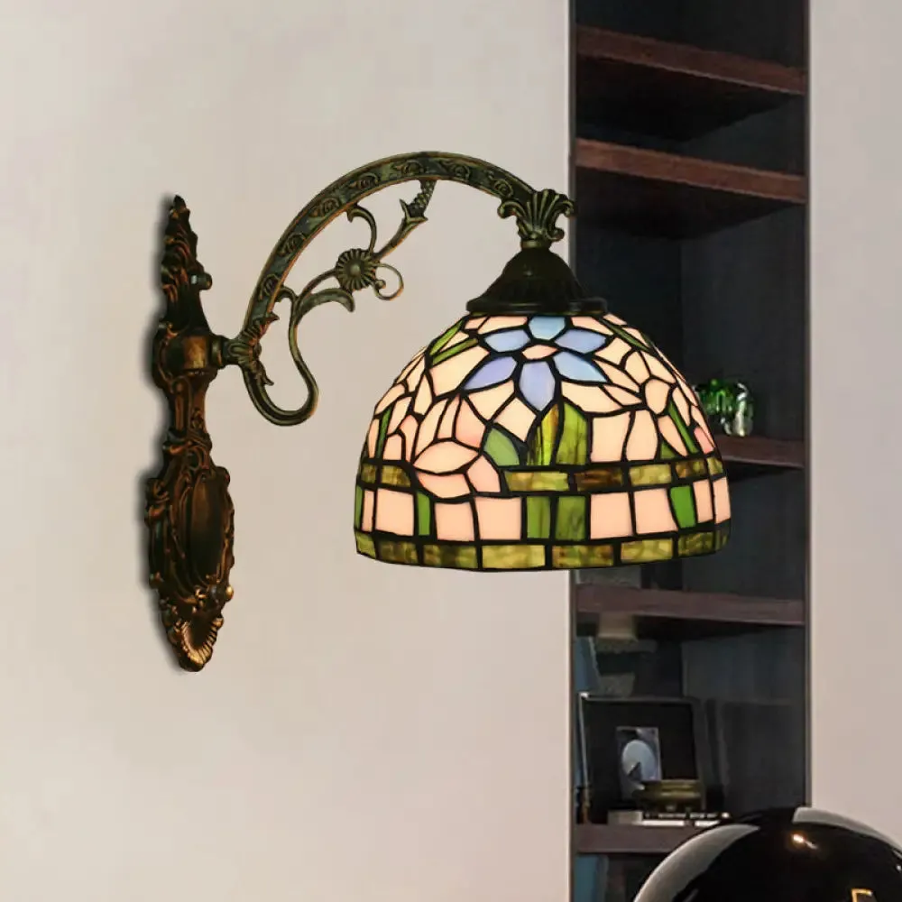 Tiffany Stained Glass Flower Bowl Sconce Light - Red/Pink Wall Mounted Fixture