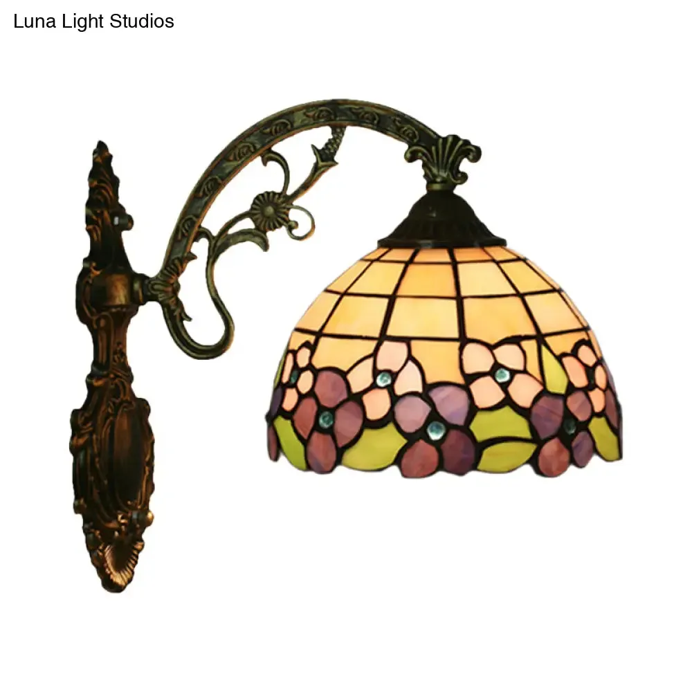 Tiffany Stained Glass Flower Bowl Sconce Light - Red/Pink Wall Mounted Fixture