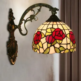 Tiffany Stained Glass Flower Bowl Sconce Light - Red/Pink Wall Mounted Fixture