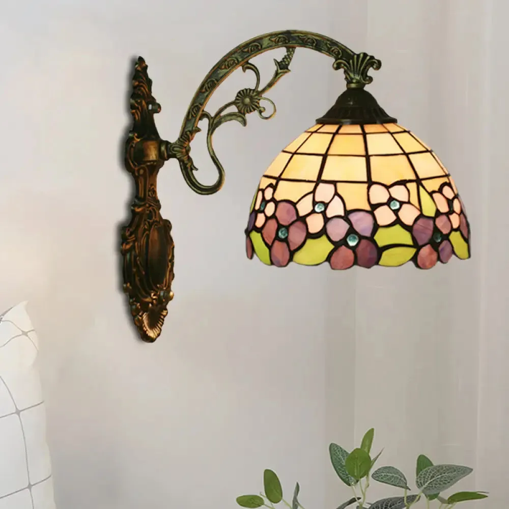 Tiffany Stained Glass Flower Bowl Sconce Light - Red/Pink Wall Mounted Fixture