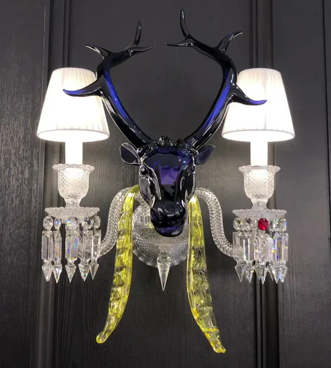 Traditional Colorful Candle Branch Blue Deer Wall Lamp