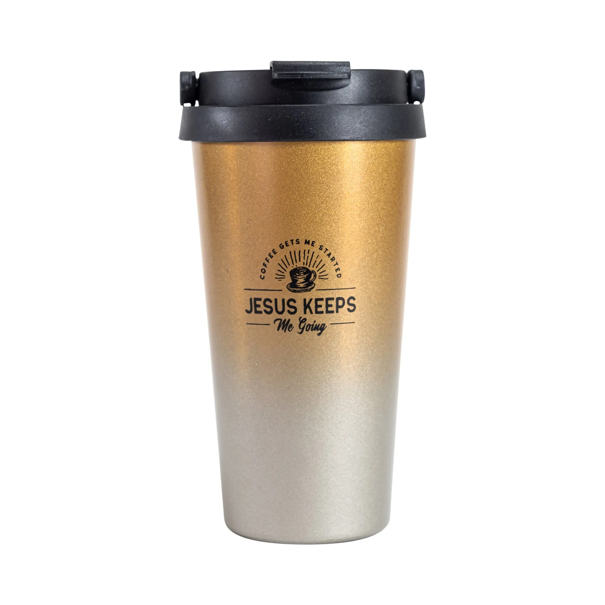 Travel Mug-Jesus Keeps Me Going-Black Ink/Gold Mug