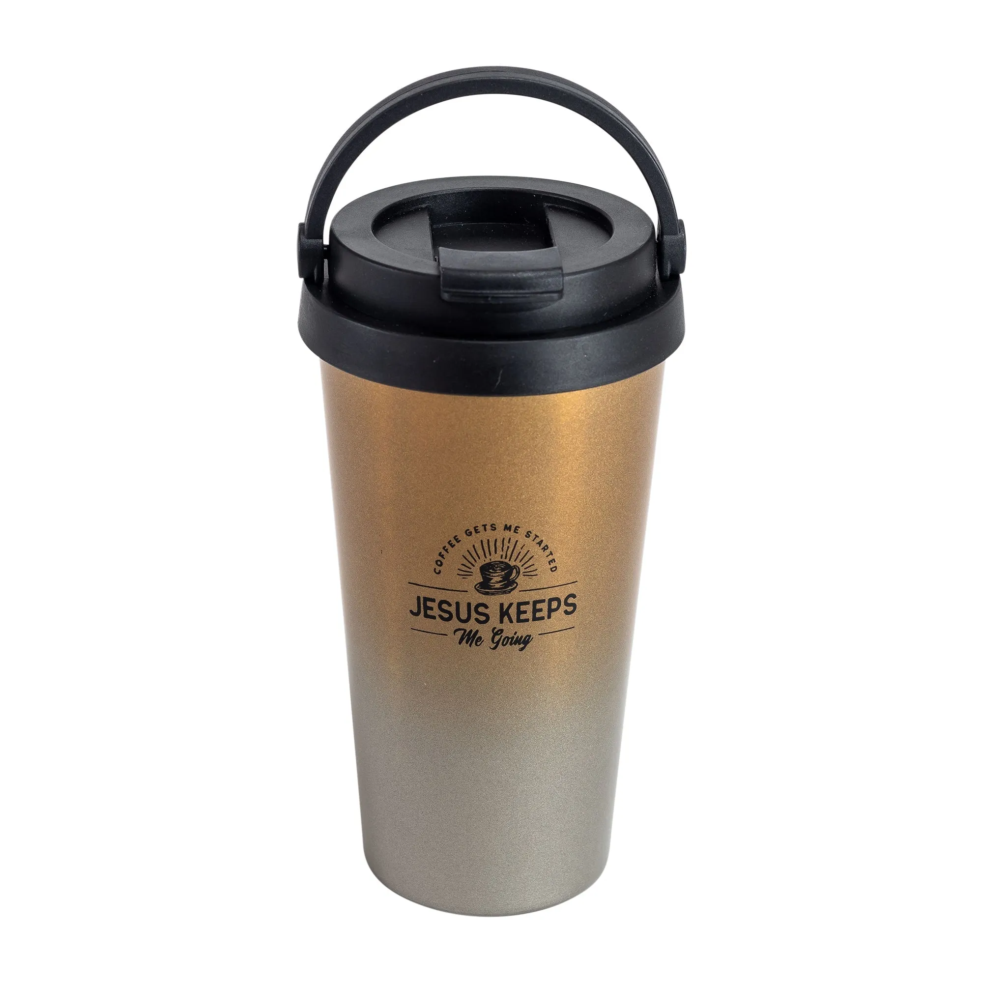 Travel Mug-Jesus Keeps Me Going-Black Ink/Gold Mug