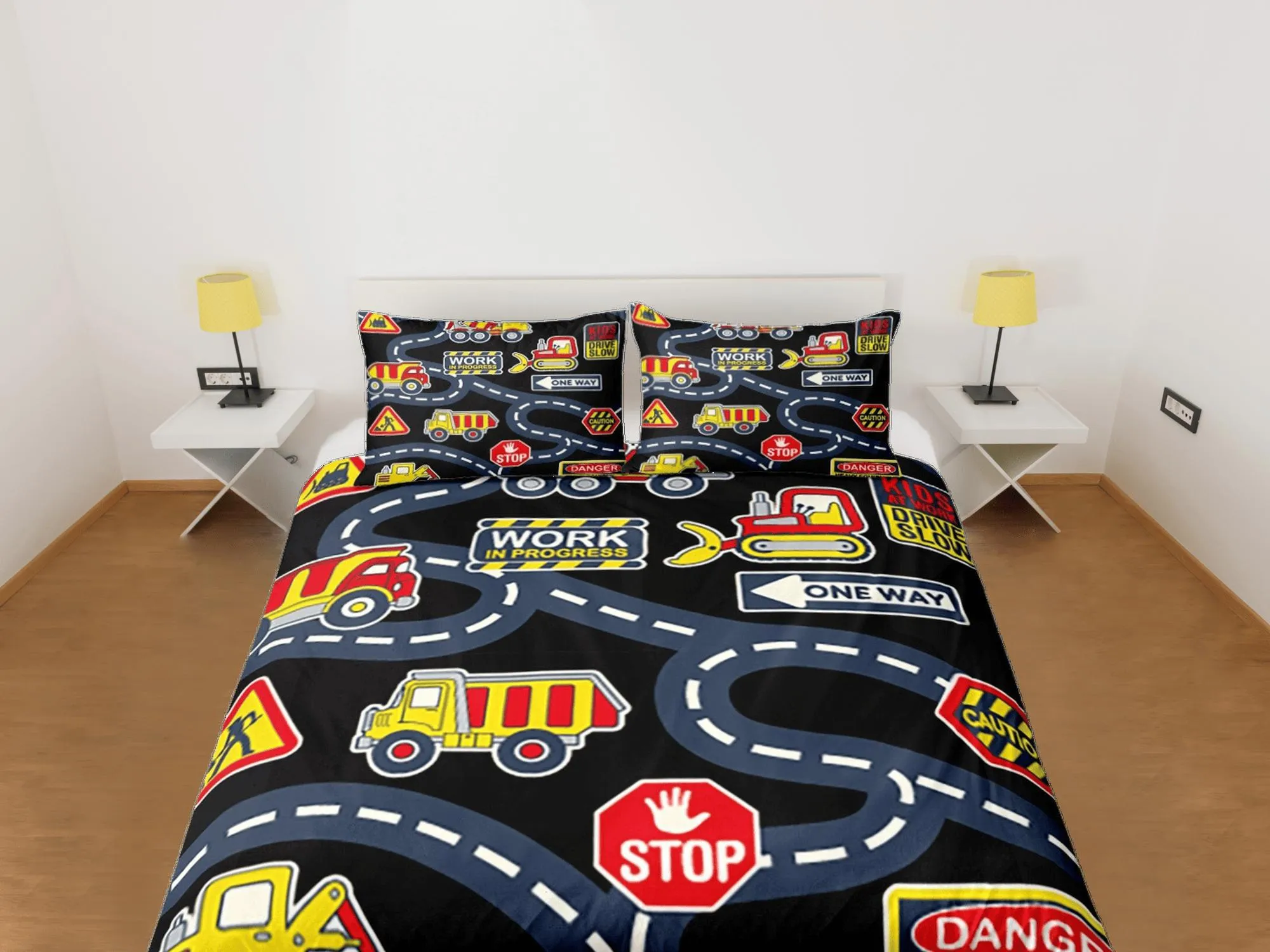 Trucks and Road Signs Black Duvet Cover Set Colorful Kids Full Bedding Set with Pillowcase, Comforter Cover Twin