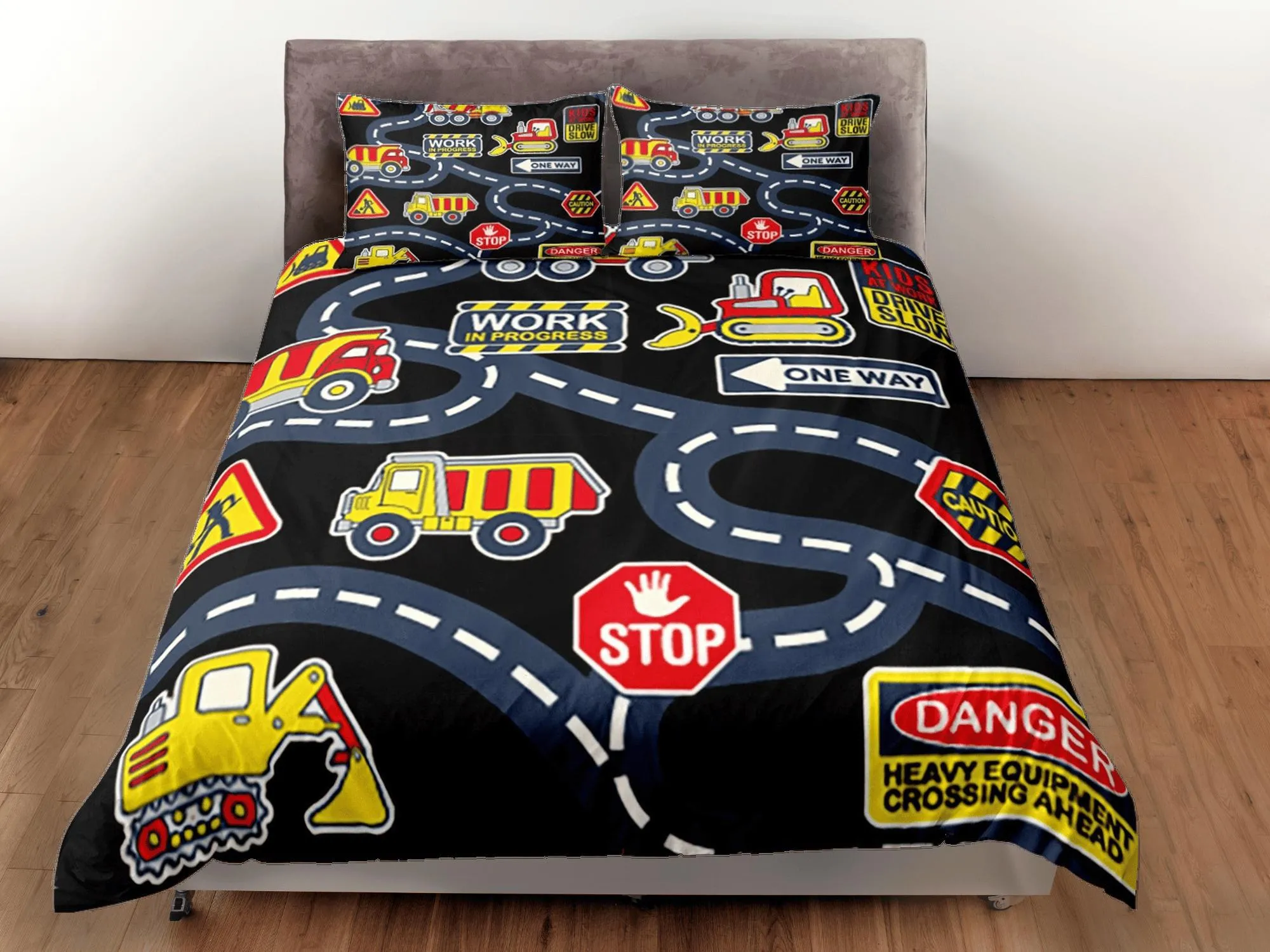 Trucks and Road Signs Black Duvet Cover Set Colorful Kids Full Bedding Set with Pillowcase, Comforter Cover Twin