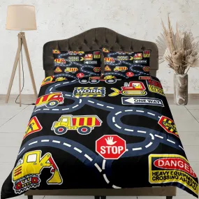 Trucks and Road Signs Black Duvet Cover Set Colorful Kids Full Bedding Set with Pillowcase, Comforter Cover Twin