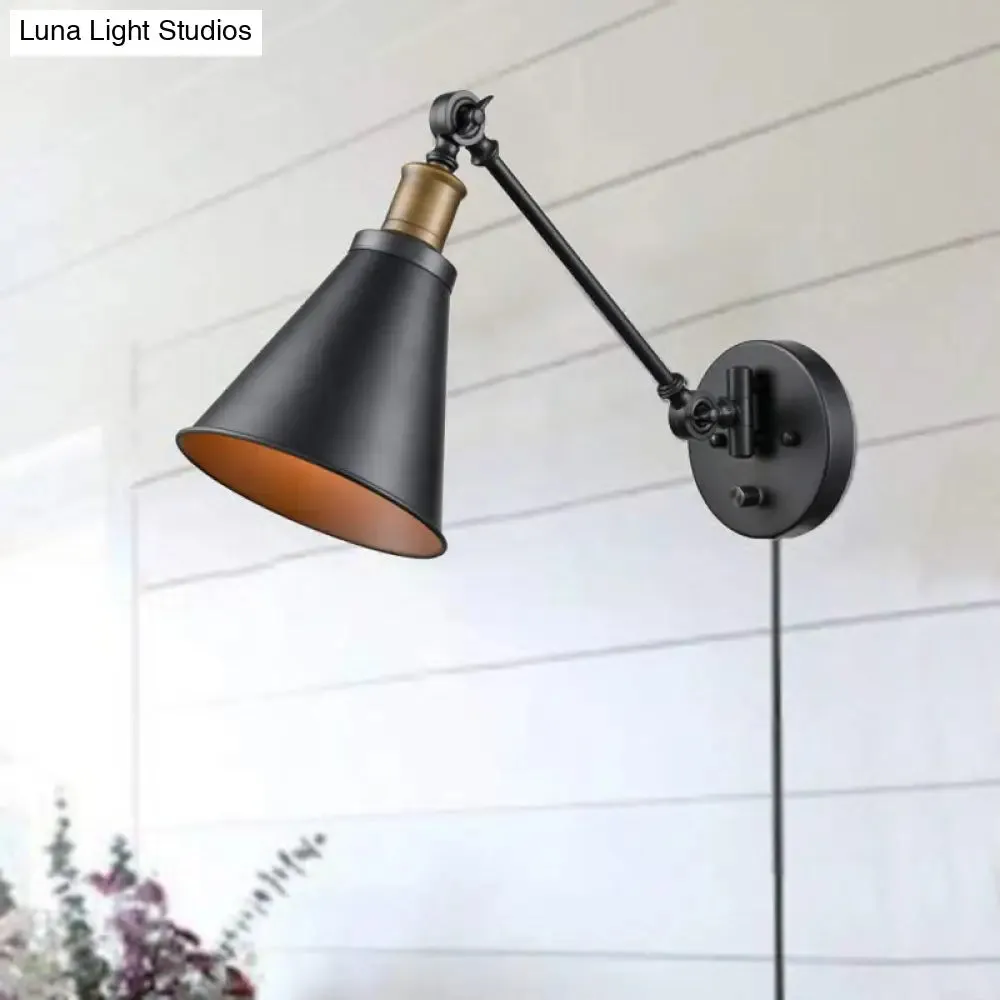 Vintage Black Iron Wall Mount Swing Arm Sconce with Cone Shade for Living Room