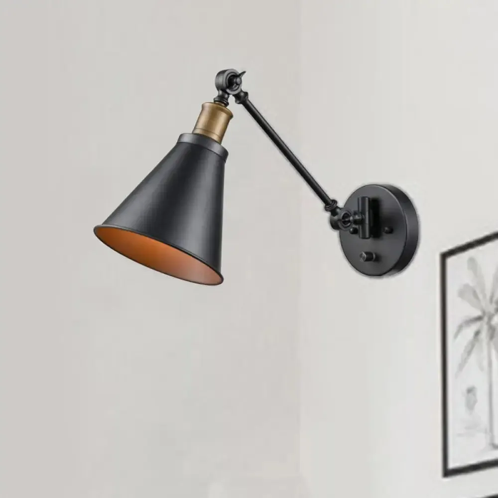 Vintage Black Iron Wall Mount Swing Arm Sconce with Cone Shade for Living Room