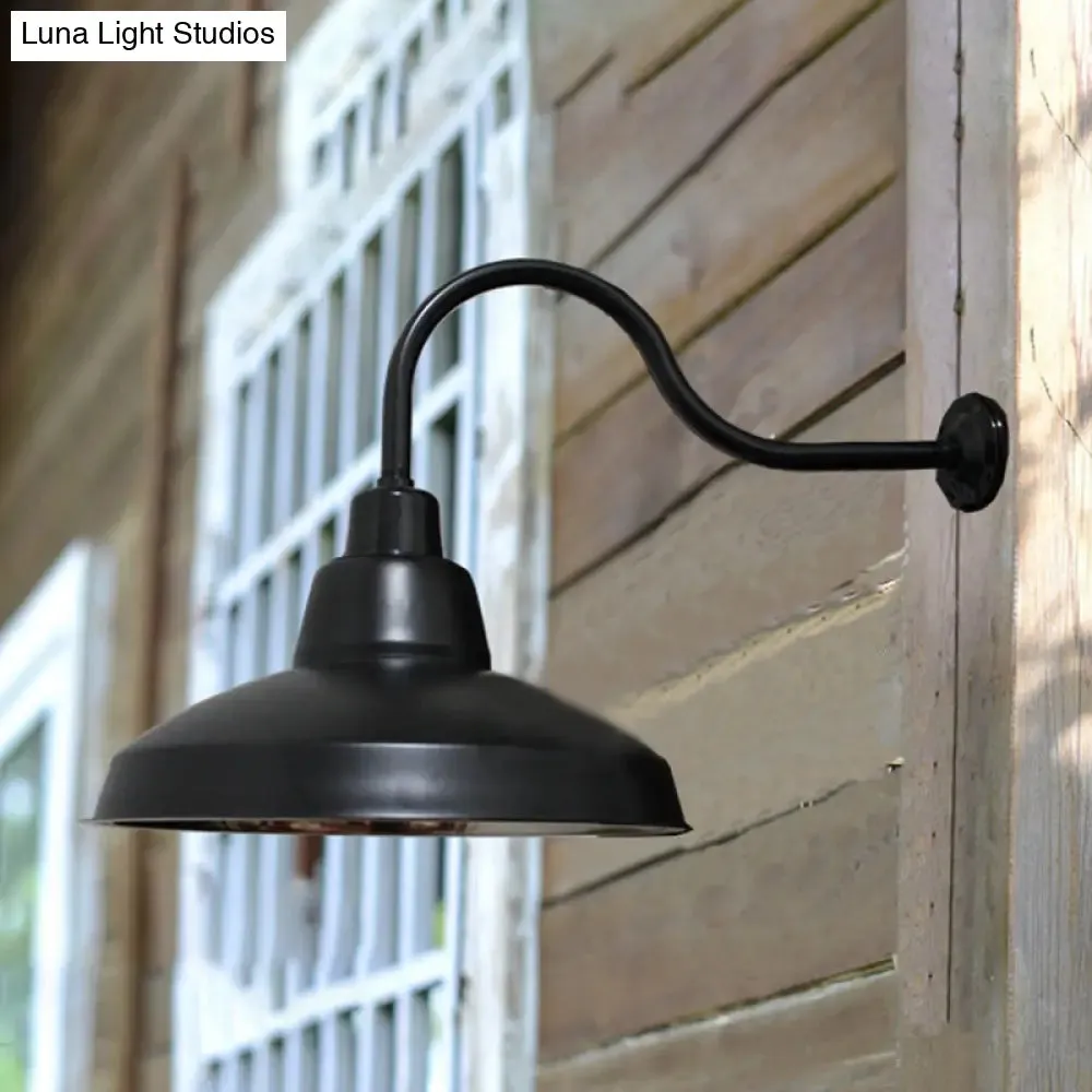 Vintage Black Wrought Iron Wall Sconce with Gooseneck Arm - Porch Lighting Fixture