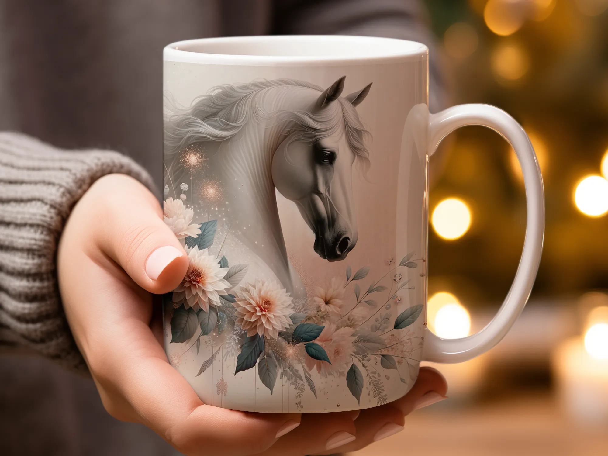 White Horse with Floral Frame Coffee Mug, Horse Lover Gift, Horse Mug, Horse Gift for Her, Horse Lover Mug for Women, Western Mug