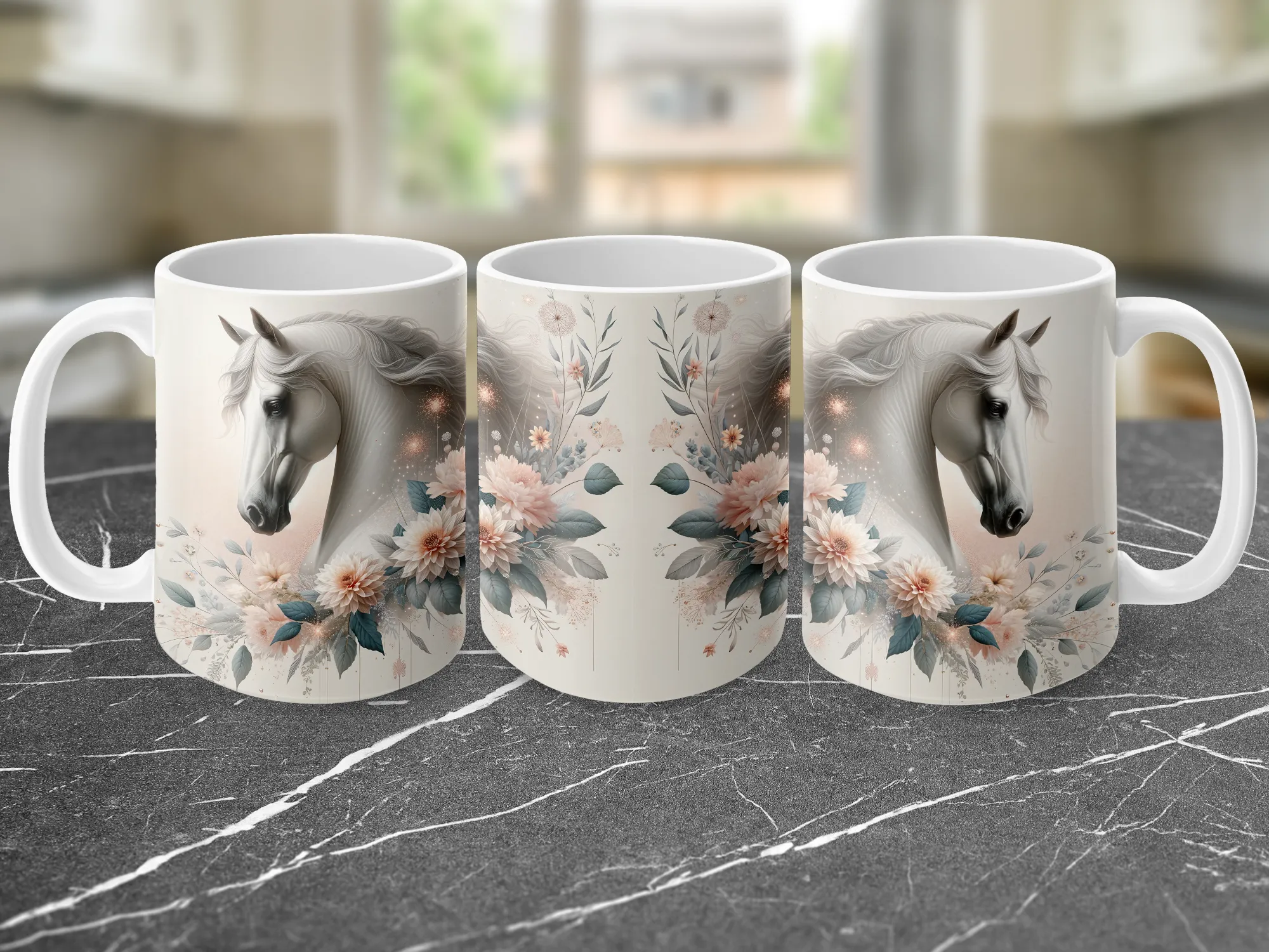 White Horse with Floral Frame Coffee Mug, Horse Lover Gift, Horse Mug, Horse Gift for Her, Horse Lover Mug for Women, Western Mug