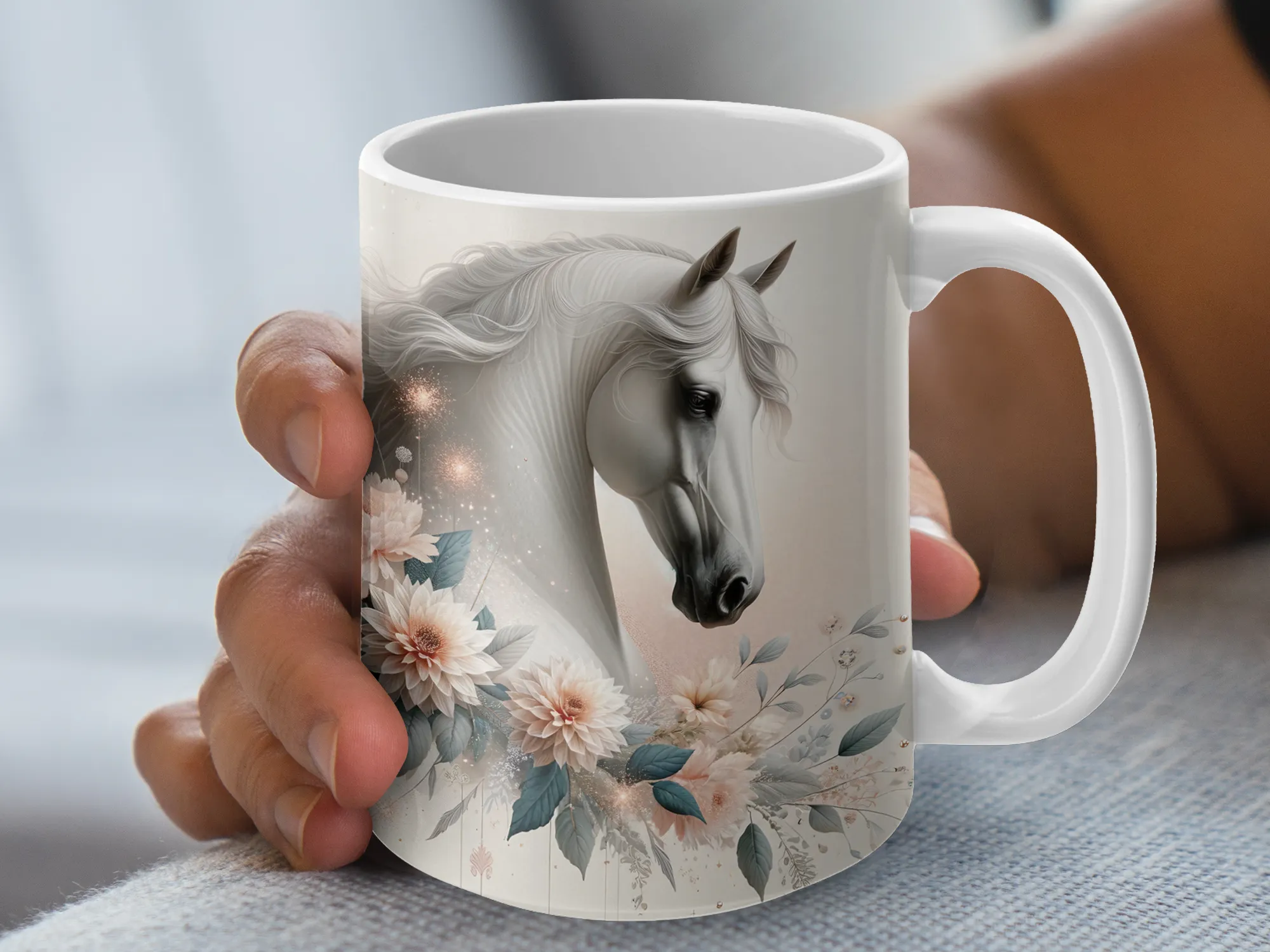 White Horse with Floral Frame Coffee Mug, Horse Lover Gift, Horse Mug, Horse Gift for Her, Horse Lover Mug for Women, Western Mug